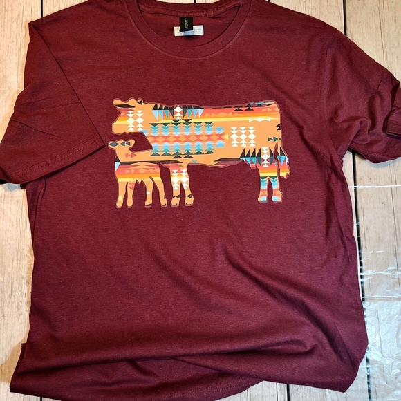 Southwestern Cow & Calf Graphic Tshirt - Tribal Aztec Print Shirt - Rustic Ranch - Picture 3 of 10
